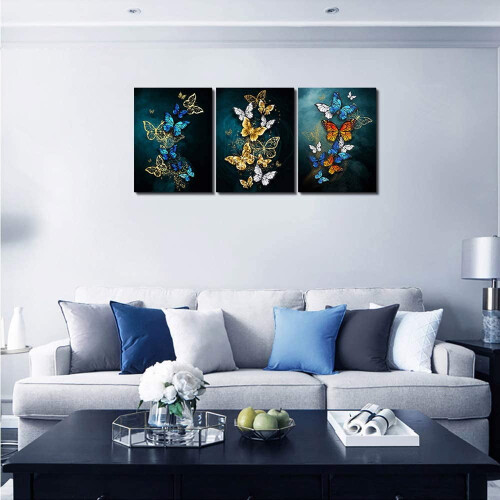Tableau abstrait papillon sur toile bleue 3 pièces 2