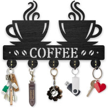 Wood Coffee-Themed Wall Key Holder with 5 Alloy Hooks, 11.87.9", Compatible with Coffee Shop, Kitchen, Office & Living Room