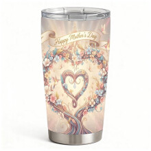 Stainless Steel Insulated Tumbler with Lid, Happy Mother’s Day Floral Heart Tree Wreath Design, Double-Wall Hot & Cold Travel Cup, Gift for Mom