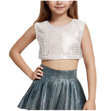 Haut court à paillettes pour enfants, sans manches, col rond, vêtements de danse