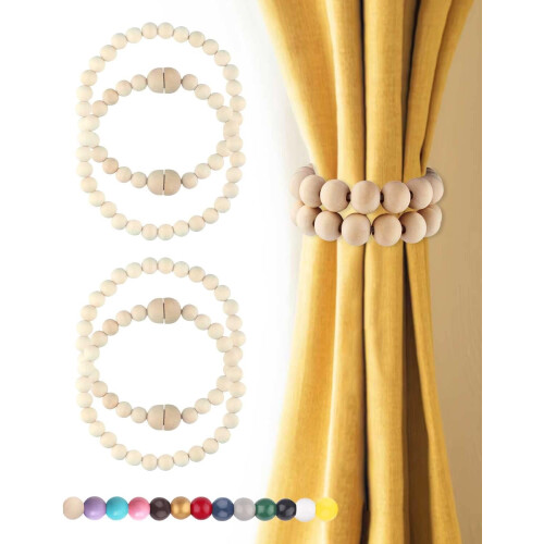 Magnetic Curtain Tiebacks Wooden Bead Design 4 Pack