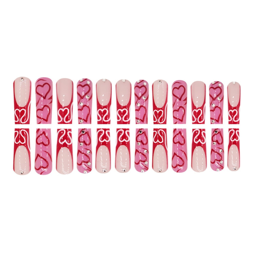 Heart Full Cover Press-On Nails French Tip Coffin Shape 24