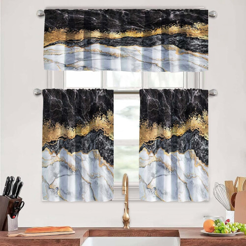 Marble and Gold Kitchen Curtains Set 3-Piece 36 Inch