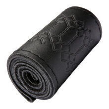 Hand-sewn leather steering wheel wrap with embossed pattern