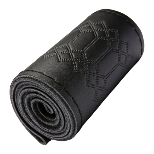Hand-sewn leather steering wheel wrap with embossed pattern