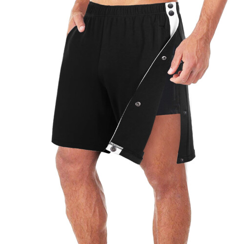 Pantaloncini da uomo post-operatori adattivi con strappi e gamba larga e chiusura a scatto. 1