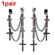Punk Cross Tassel Earrings Metal Chain Clip Stud
