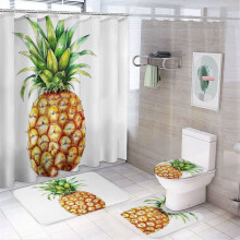 4-Pc Modern Watercolor Pineapple Shower Curtain Set w/ Rug, Toilet Lid Cover, Non-Slip U-Shaped Mat & 12 Hooks – 72"x72"