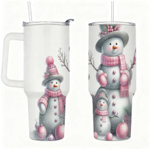 Pink Snowman Christmas Tumbler with Lid and Straw, Winter Holiday Insulated Cup