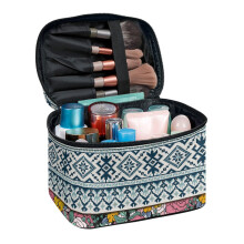 Floral Geometric Cosmetic Toiletry Bag with Brush Slots, 8.86x6.5x5.9", Zipper, Brush Holder – Compatible with All Brushes