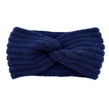 Navy Blue Wool Knitted Headband Cross Pattern