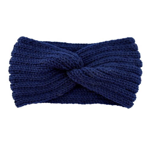 Navy Blue Wool Knitted Headband Cross Pattern