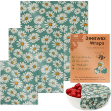 PRYESS 3-Pack Reusable Beeswax Food Wraps with Green Chrysanthemum – Compatible with Fruits & Veggies