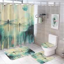 Watercolor Dragonflies 4-Pc Shower Curtain Set w/ Non-Slip Rug, Toilet Lid Cover & Bath Mat – Vintage Blue, Waterproof, Compatible with Standard