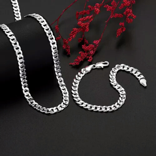 925 Sterling Silver Sideways Chain Necklace and Bracelet
