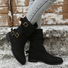 Women's Leather Slouchy Mid-Calf Boots Black Wide Calf