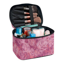 Pink Roses Makeup Travel Case with Brush Slots Brush Protectors Cosmetic Organizer Bags Lightweitht with Slip-in Pockets Women Travel Storage