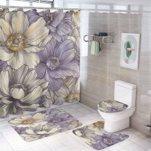 Vintage Purple Floral 4-Pc Shower Curtain Set w/ Non-Slip Rug, Toilet Lid Cover & Bath Mat – Waterproof Bathroom Decor