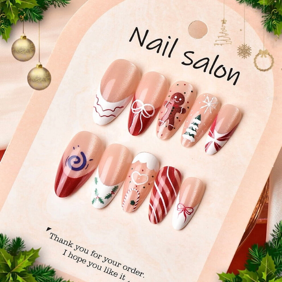 French Almond Press-On Nails with Bowknot Cookie Man