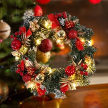 Gold Lighted Christmas Wreath – Wrought Iron & Wood, Indoor/Outdoor, Compatible with Front Door Decor