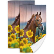 Horse Sunflower Hand Towel Set of 2 for Bathroom Kitchen Absorbent Soft Home Face Bath Towels 27.5 X 16 Inches