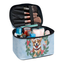 Corgi in Santa Hat Travel Cosmetic Bag Organizer Make Up Case Organizer with Brush Slots Storage Pockets Vacation Travel Mom