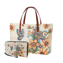 Boho Mandala Butterfly Print Top Handle Bag Set of 2 for Women – Satchel + Matching Wallet, Compatible with Daily Shopping & Tours