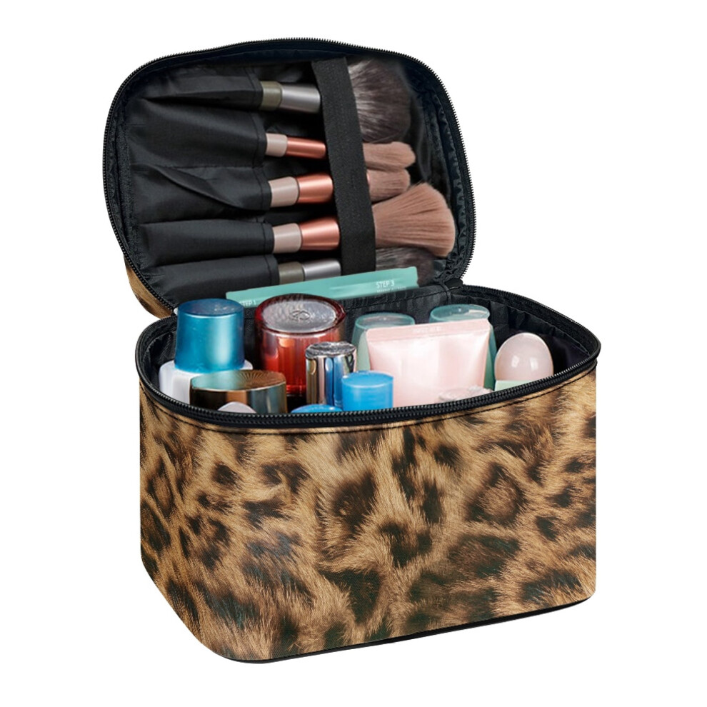 Leopard Print Portable Makeup Bag with Brush Slots