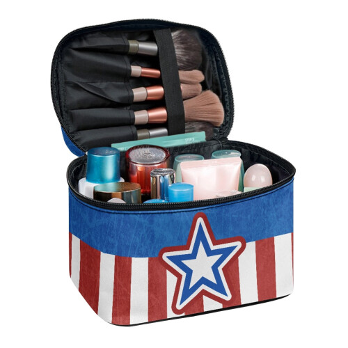 Handle Toiletry Cosmetic Travel Bag Cosmetic Storage Polyester Large Capacity(US Flag Pattern Design)