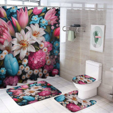 Easter Flower Shower Curtain 4-Piece Set w/ Rugs, Toilet Lid Cover & Bath Mat – Waterproof, Colorful Eggs & Leaves Pattern