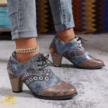 Willtoo Women's Handmade Shoes, Retro Ethnic Print Style Design Pointed Toe Ethnic High Heel Boots