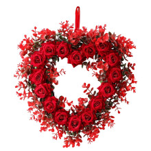 Valentine's Day Heart Wreath – Red Rose Shaped Door Decor with Red Bow, Farmhouse Style (16")