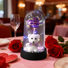 LED Rose Bear Night Light with Blue Preserved Flower and