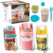 27oz Overnight Oats Containers 4-Pack, Reusable Yogurt Parfait Cups with Lids, Spoon & Sauce Compartment, BPA-Free, Microwave & Dishwasher Safe