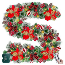 8.8FT Norfolk Pine Garland with Lights, Red Berry & Pinecone Bow – Faux Christmas Garland for Table, Mantle, Fireplace – Compatible with US
