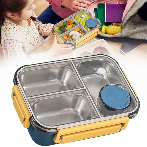 Microwave Safe Stainless Steel 3 Compartment Bento Lunch Box, Blue