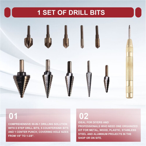 5 Pack Step Drill Bit & 5 Pack Countersink Drill Bit Set, 50 Sizes HSS Titanium Coated Bits, Wood & Plastic for DIY 1