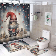 4-Pc Valentine's Day Shower Curtain Set w/ Gnome Bath Mat, U-Shaped Rug, Toilet Lid Cover & 12 Hooks – 72"x72"