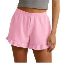 Womens Pajama Lounge Shorts Ribbed Sleepwear Pull-On Soft Elastic Waist Shorts Nylon Spandex Ruffle Hem Pink,Size M