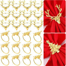 24pcs Gold Christmas Napkin Rings Set: 12 Elk + 12 Tree Designs – Compatible with Standard Napkins
