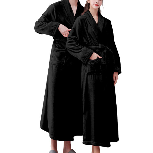 Women's Terry Cloth Bathrobe Black Double Pockets