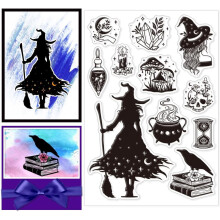 Witch Clear Stamps Crow Mushroom Transparent Stamps Silicone Clear Stamp Seals for DIY Scrapbooking Photo Album Decoration 4.3x6.3inch