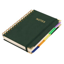 Waterproof Leather B5 Notebook, Spiral Bound, 300 Pages, Removable Dividers & Tabs, Horizontal Lines, Green, 10x7.3", 1Pc