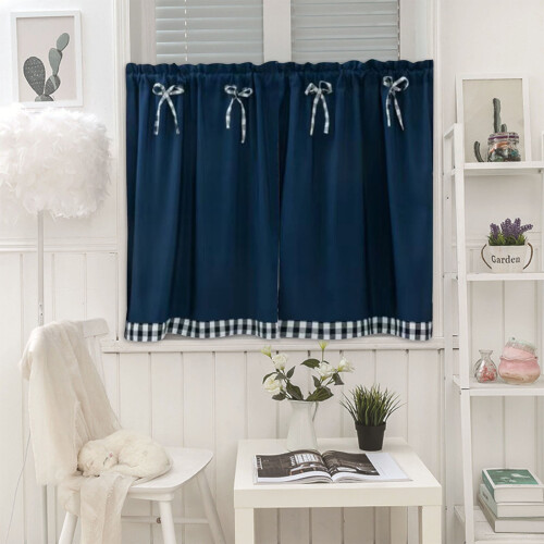 Navy Blue Checkered Bowknot Tier Curtains with Rod Pocket