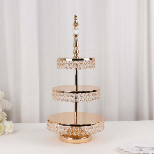 Crystal Beaded Gold Cake Stand 3-Tier 26 Inch 1
