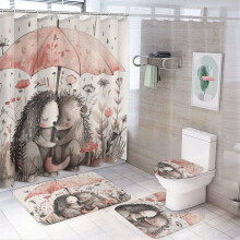 4-Piece Hedgehog Shower Curtain Set with Rugs – Cute Watercolor Animal Bathroom Decor, Compatible with Standard Showers