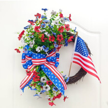 Patriotic Floral Garland Wreath – 17.7" Front Door Decor with American Flag & Bow, for 4th of July, Memorial Day, Indoor/Outdoor