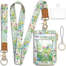 Flower Lanyard Wallet with ID Badge Holder, RFID-Secure Slim Card Case & Zipper Pocket – Wristlet for Name Tags, Office/Teacher Gift – Compatible