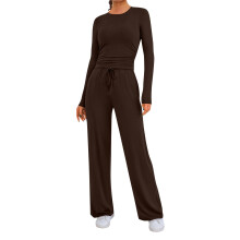 Women's Fall 2-Piece Outfits Long Sleeve Ruched Top & Wide Leg Pants Tracksuit Coffee M