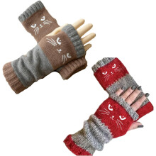 Women's Cat Embroidery Fingerless Gloves Knitted Warm